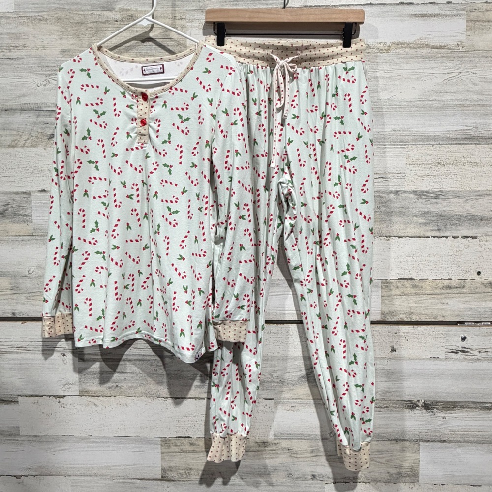 SweetHoney Pajama Set Women M Blue Candy Cane Holiday Festive GUC